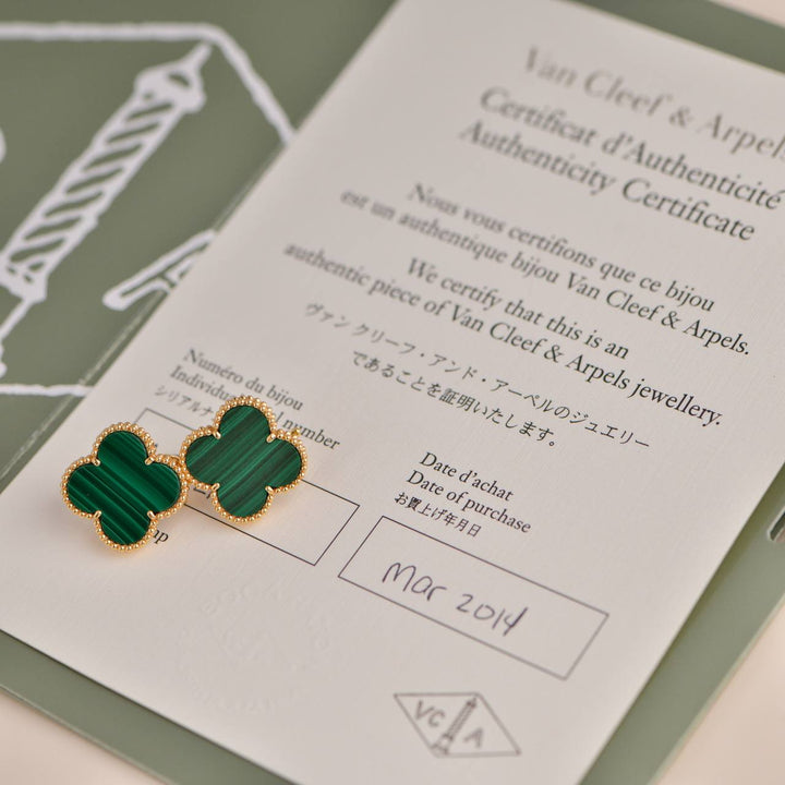 Van Cleef & Arpels Magic Alhambra Malachite Yellow Gold Earrings