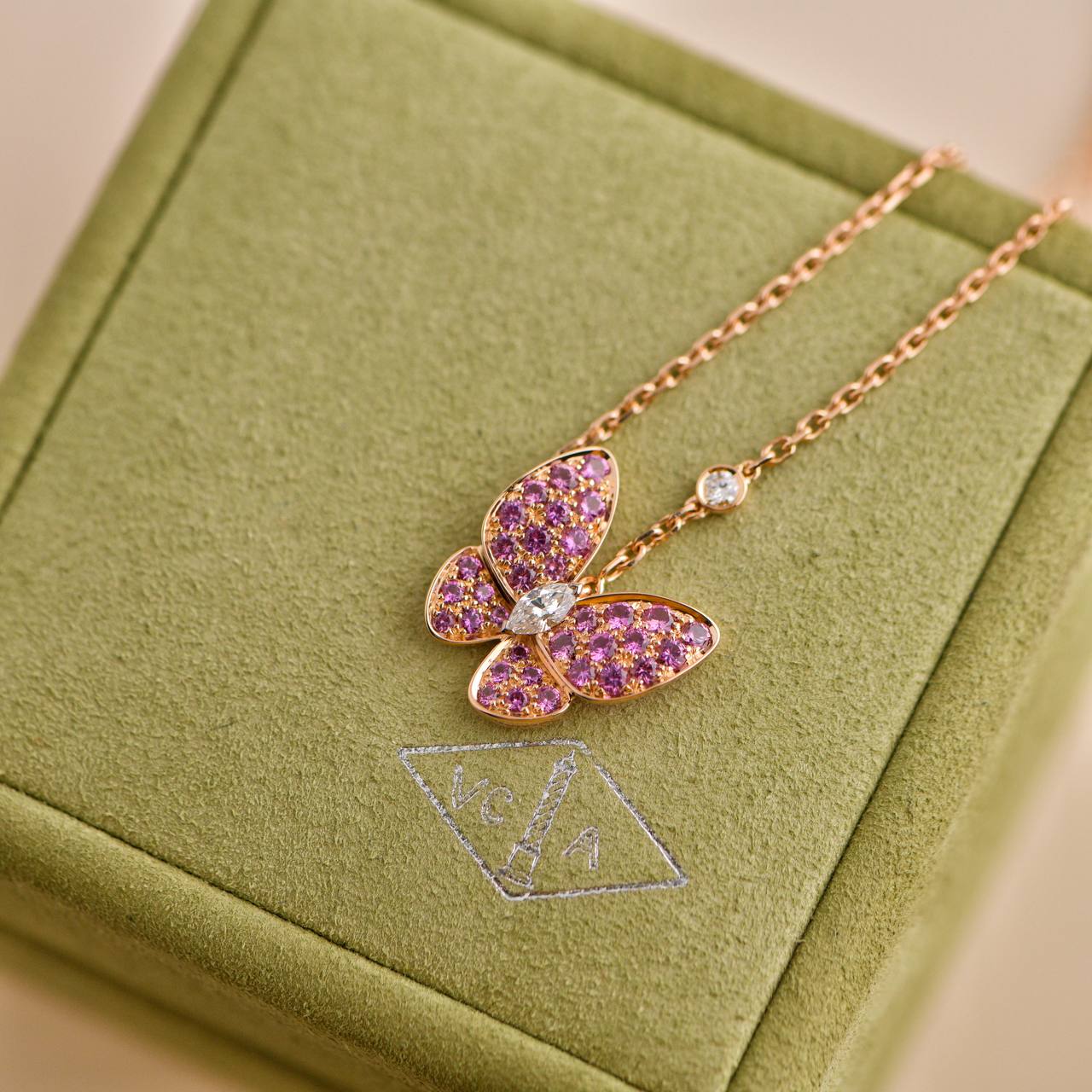 Van Cleef Arpels 18K Rose Gold Pink Sapphire Two Butterfly