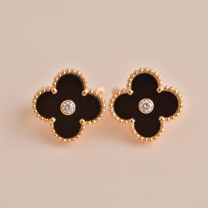 Van Cleef & Arpels Vintage Alhambra Limited Edition Onyx Diamond Gold Earrings