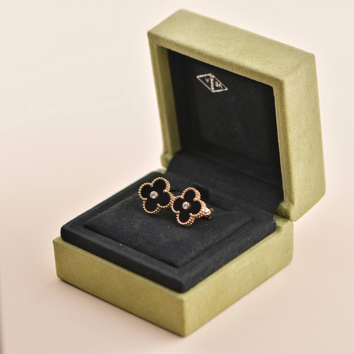 Van Cleef & Arpels Vintage Alhambra Limited Edition Onyx Diamond Gold Earrings