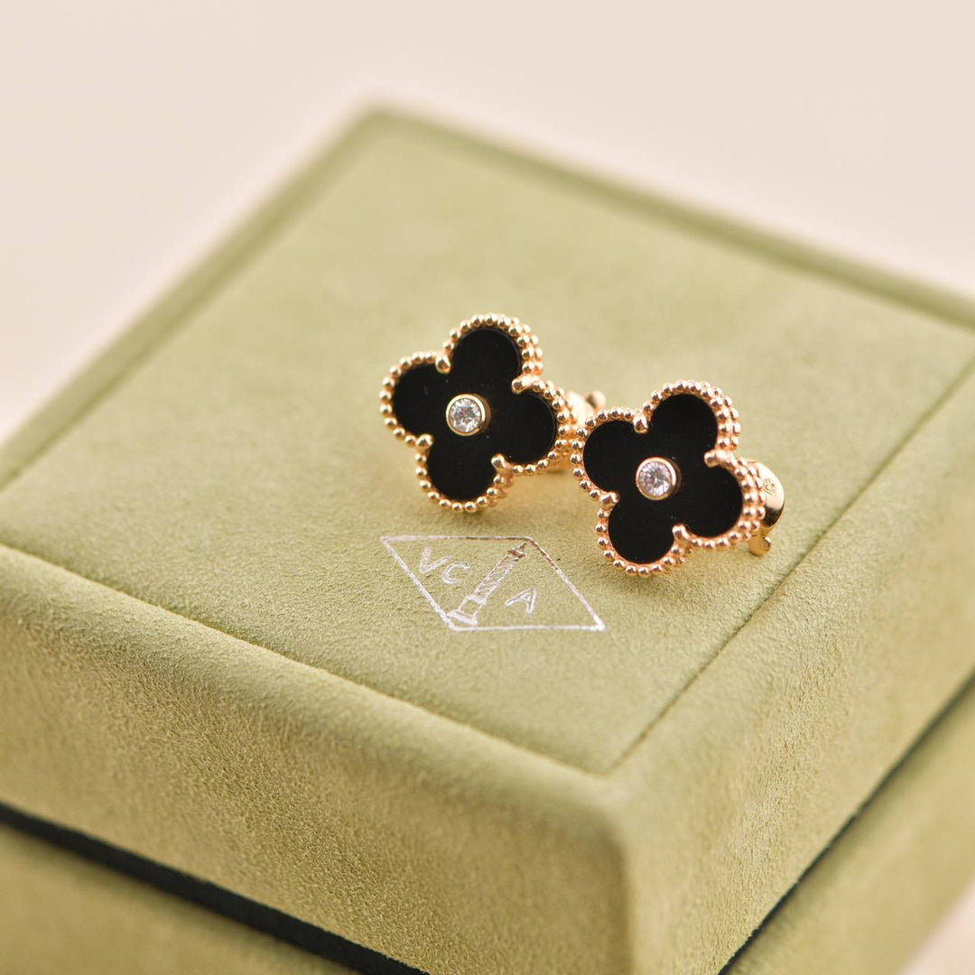 Van Cleef & Arpels Vintage Alhambra Limited Edition Onyx Diamond Gold Earrings