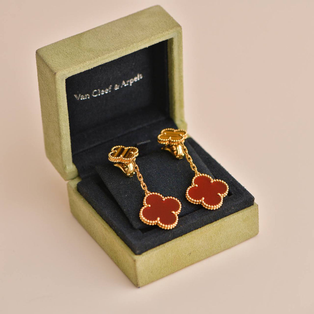 Magic Alhambra earrings, 2 motifs 18K yellow gold, Carnelian, Tiger Eye - Van  Cleef & Arpels