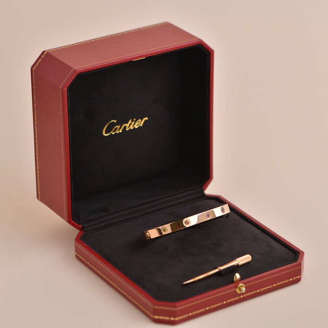 Cartier Love Bracelet 10 Multi Gemstone Rose Gold Size 18