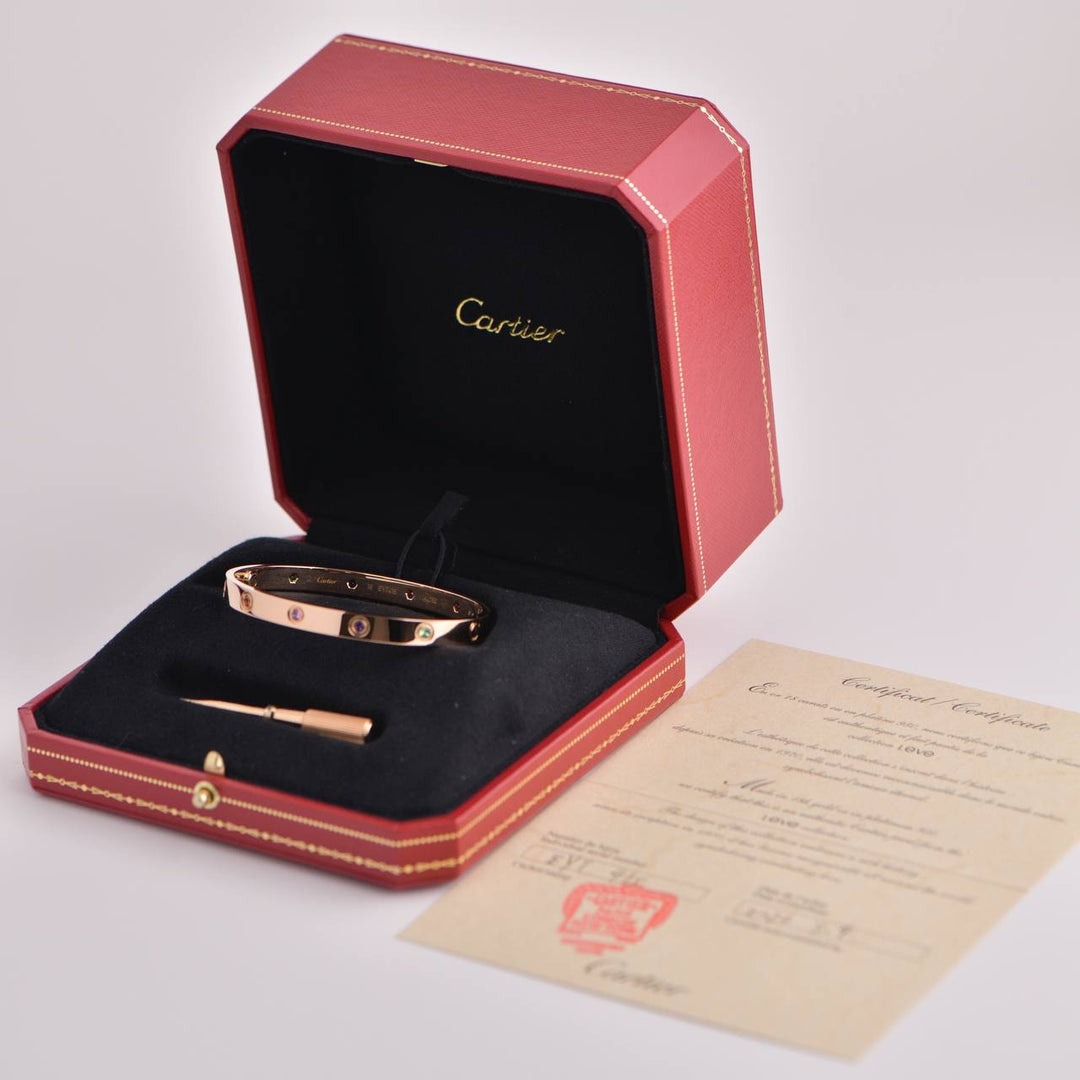 Cartier Love Bracelet 10 Multi Gemstone Rose Gold Size 18