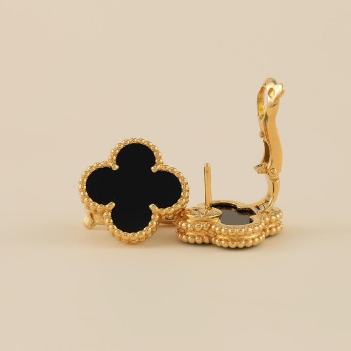 Van Cleef & Arpels Vintage Alhambra Black Onyx Yellow Gold Earrings