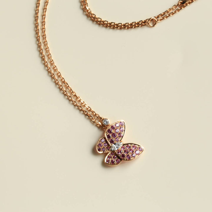 Van Cleef & Arpels 18K Rose Gold Pink Sapphire Butterfly Diamond Pendant