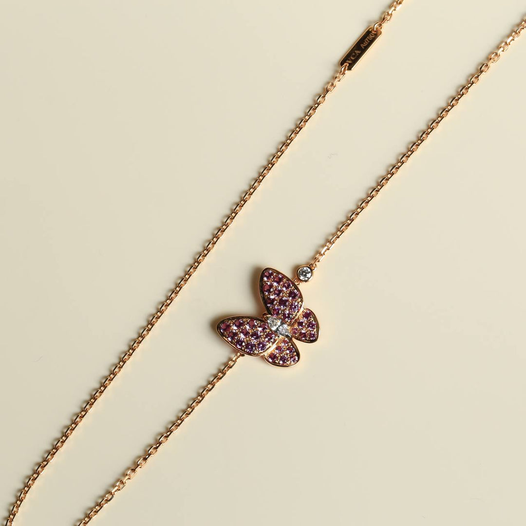 Van Cleef & Arpels 18K Rose Gold Pink Sapphire Butterfly Diamond Pendant