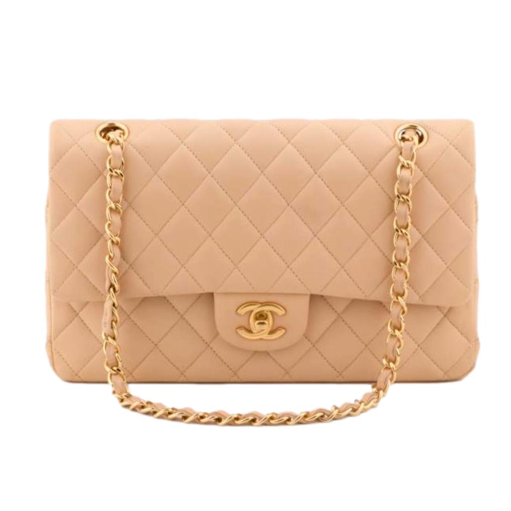 Chanel Beige Quilted Lambskin Medium Double Flap Bag Gold Hardware
