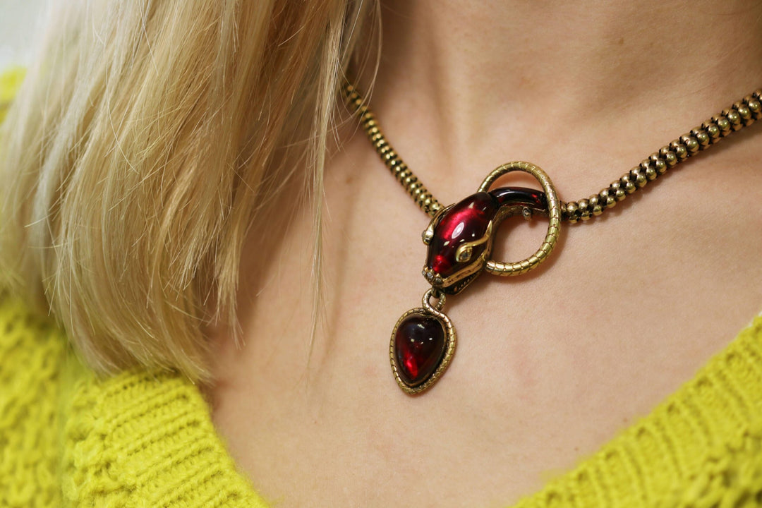 Victorian Garnet, 15 Karat Gold and Rose Cut Diamond Snake Necklace
