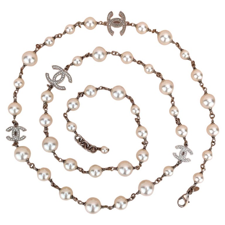 Chanel CC Logo Pearl & Crystal Long Pearl Necklace in Gilt Gold