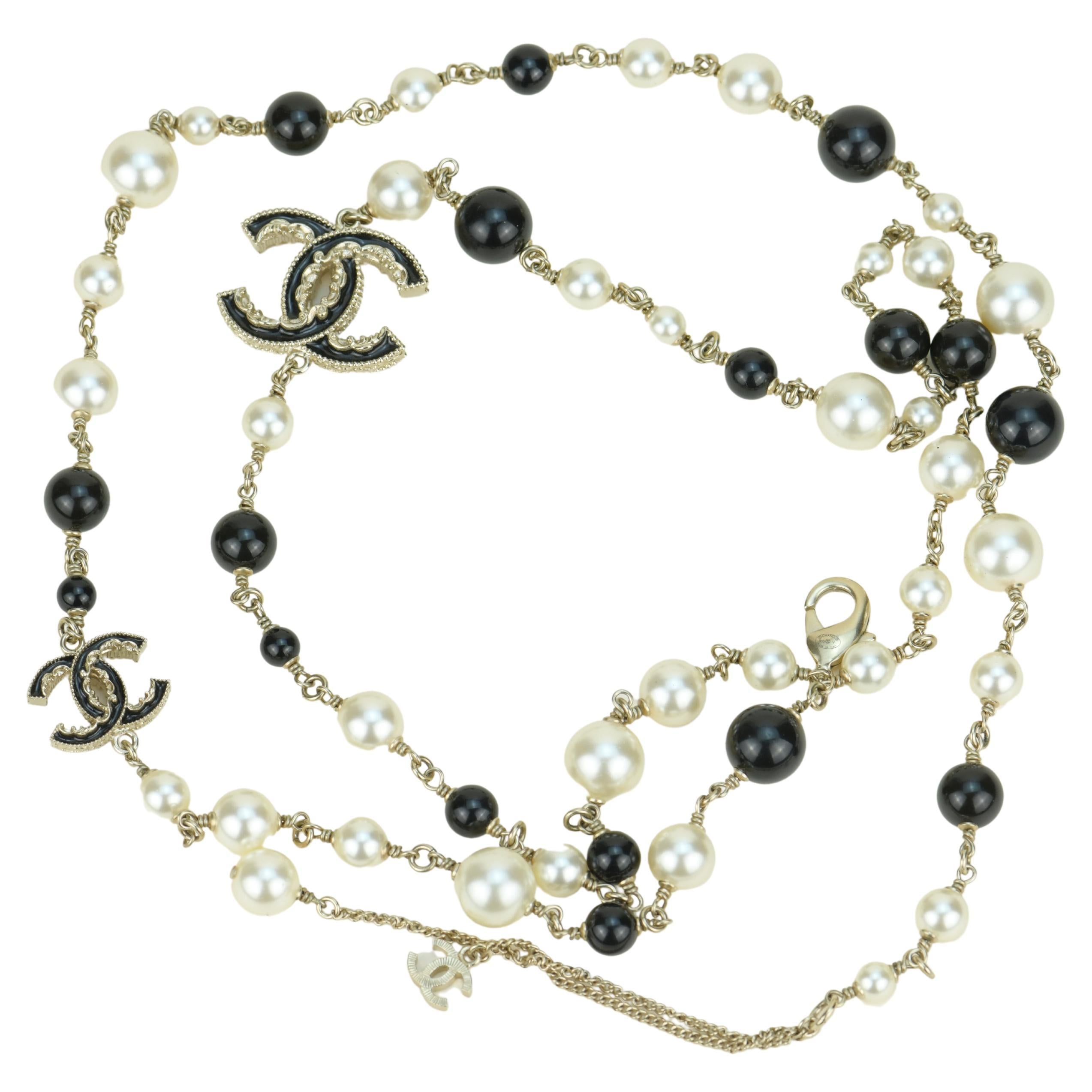 Chanel Pearl and Black Enamel CC Long Necklace